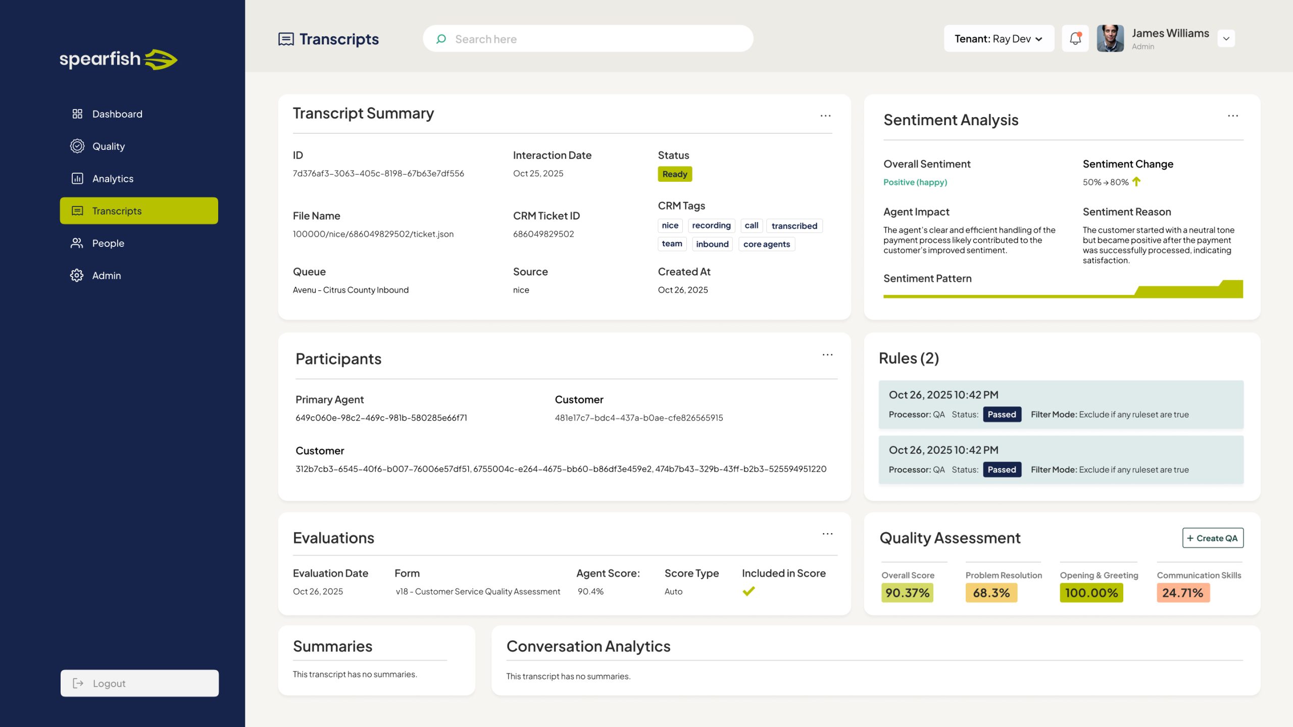 Spearfish platform dashboard with transcript summary